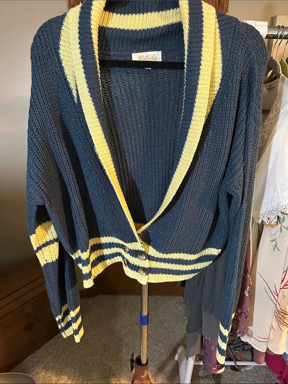 Listicle Navy and Yellow Striped Open-Front Cardigan
